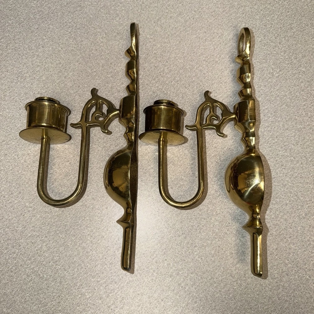 Set of 2 Vintage Solid Brass ornate wall sconces candle holders Decor Pair‎ 12"